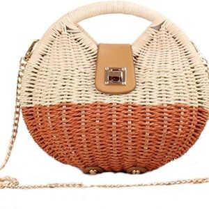 Zara Rattan Wiker Boho Chic Two-Tone Woven Handbag